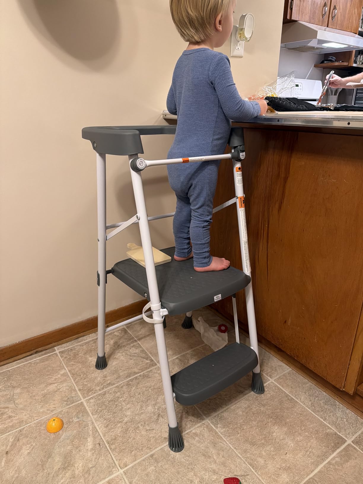 HBTower Kids 2 Steps Step Stool, Foldable Toddler Tower with Safety Railing, Sturdy Metal Frame, Anti-Slip Feet, Blue customer photo 1