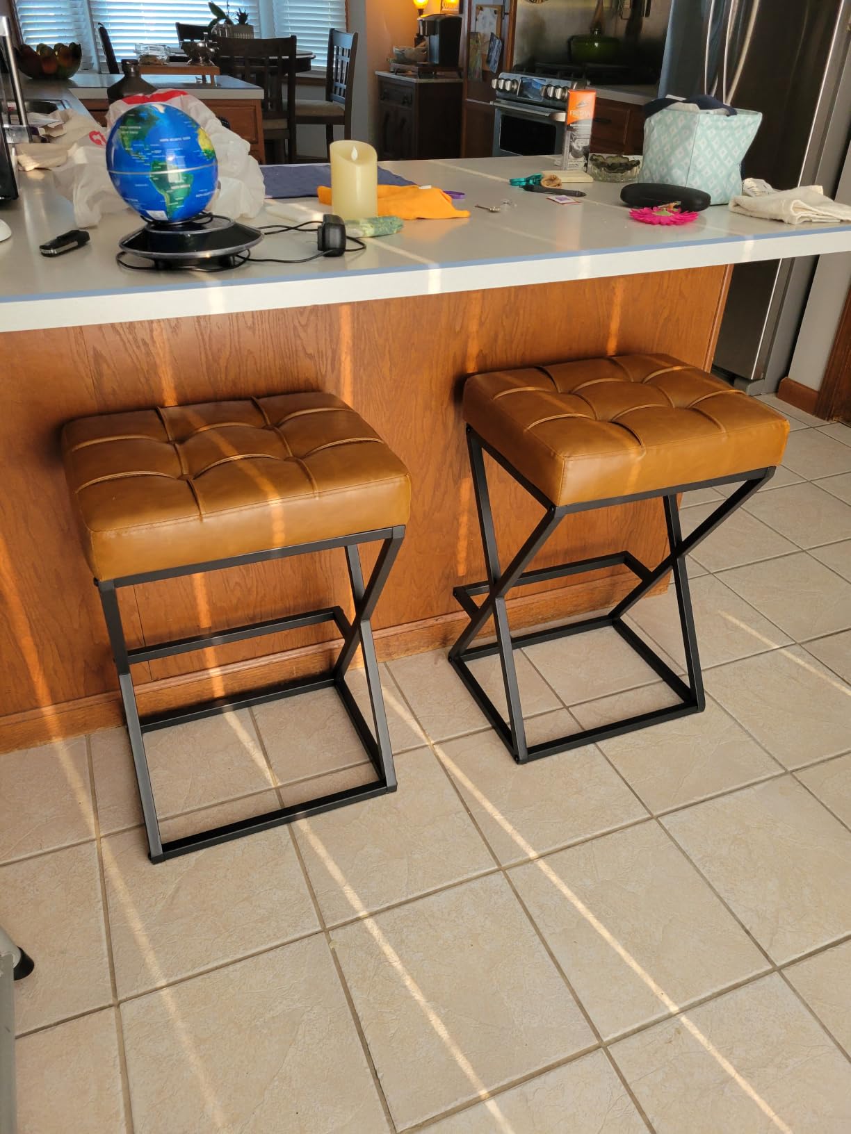 Bar Stools Set of 2, 26 Inch Counter Height Faux Leather Cream White | Backless Counter Stools Upholstered Seat, X-Frame Metal Legs, Footrest, Mid-Century Modern for Kitchen Island Home Bar customer photo 1
