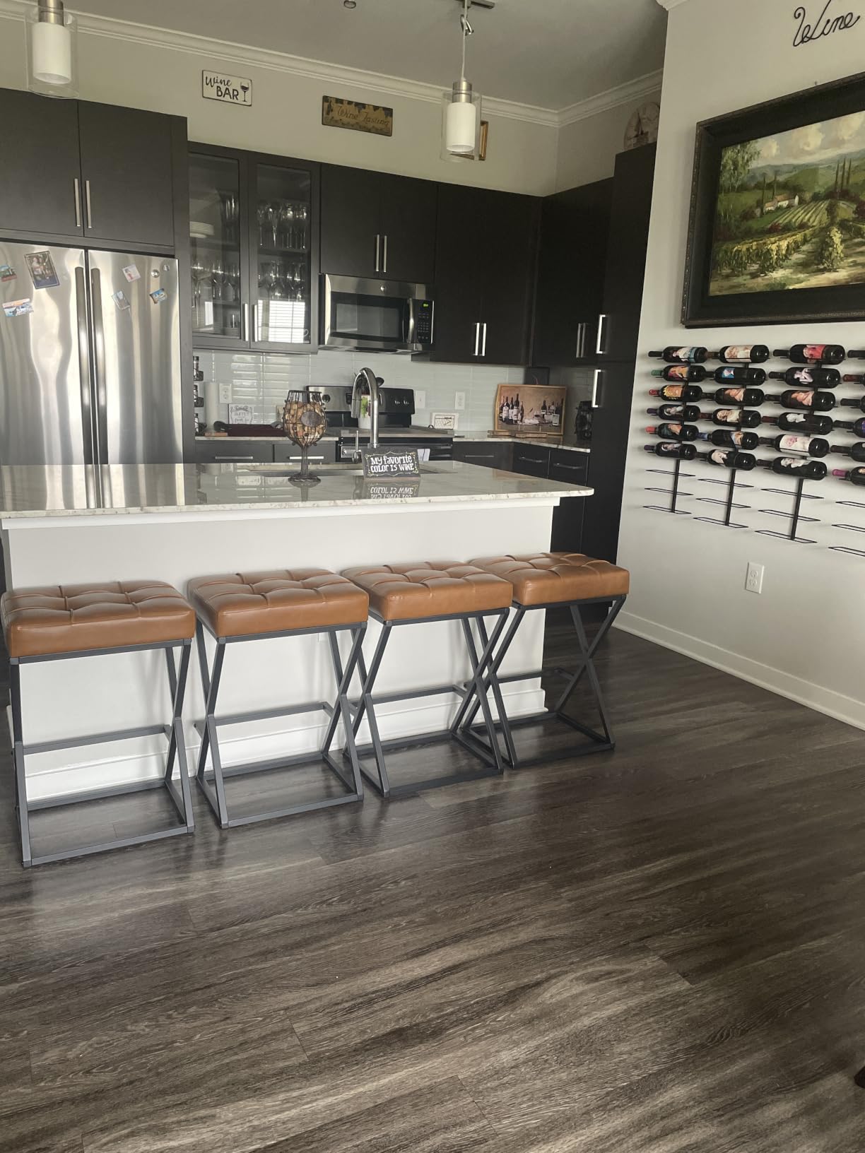Bar Stools Set of 2, 26 Inch Counter Height Stool Faux Leather Brown | Backless Counter Stools with X-Frame Metal Legs, 3.3