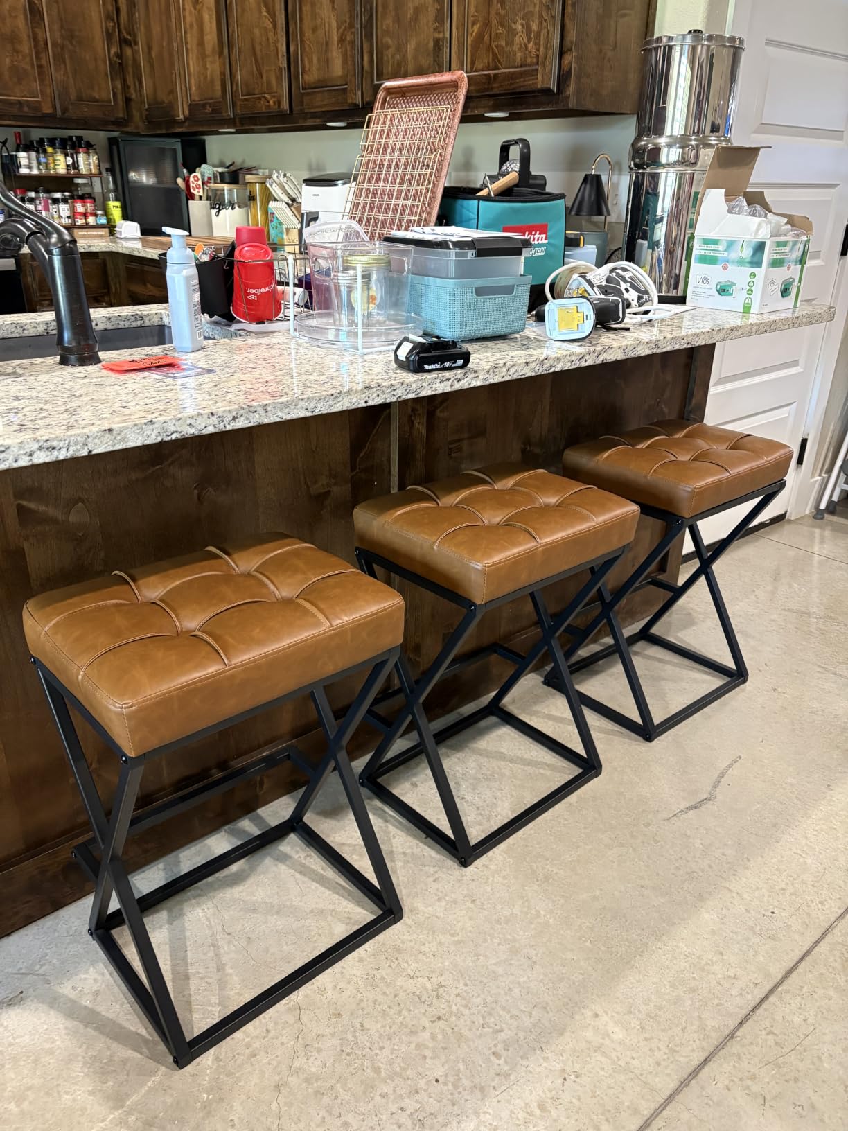 Bar Stools Set of 2, 26 Inch Counter Height Stool Faux Leather Brown | Backless Counter Stools with X-Frame Metal Legs, 3.3