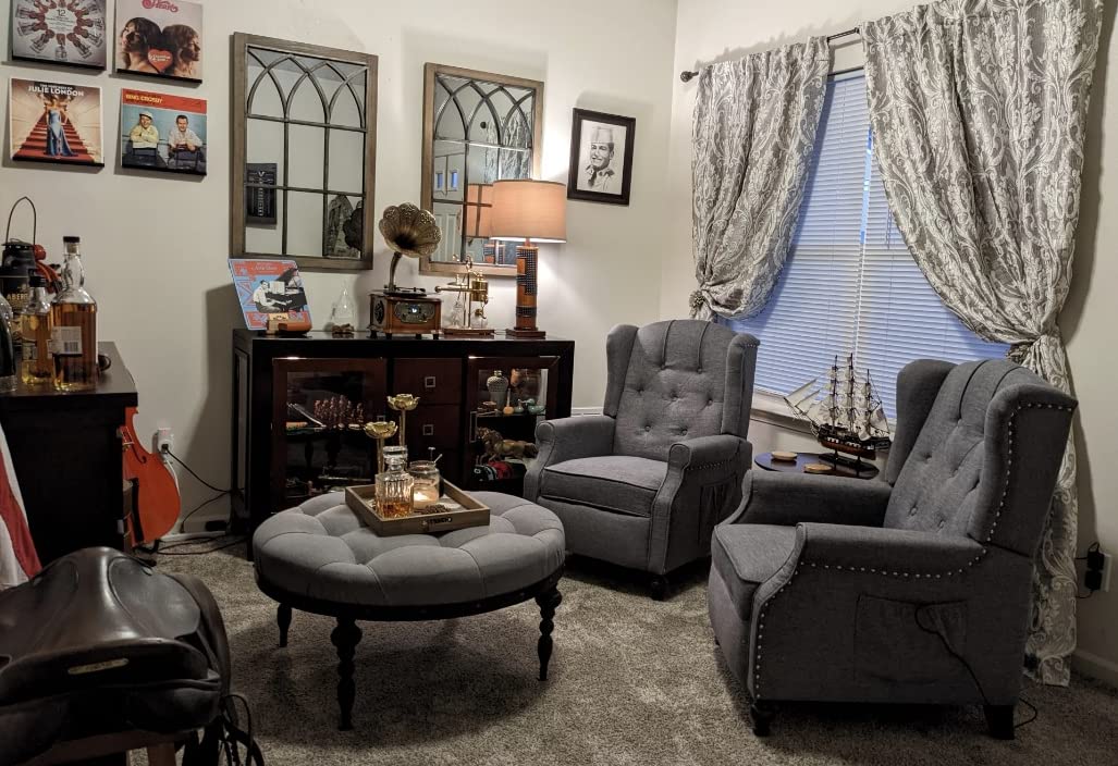 Wingback Recliner Chair with Massage & Heat, Mid Century Push Back Accent Chairs with Tufted Back, Nailhead Trim & Wooden Legs, Fabric Reclining Armchair for Living Room, Dark Grey customer photo 1