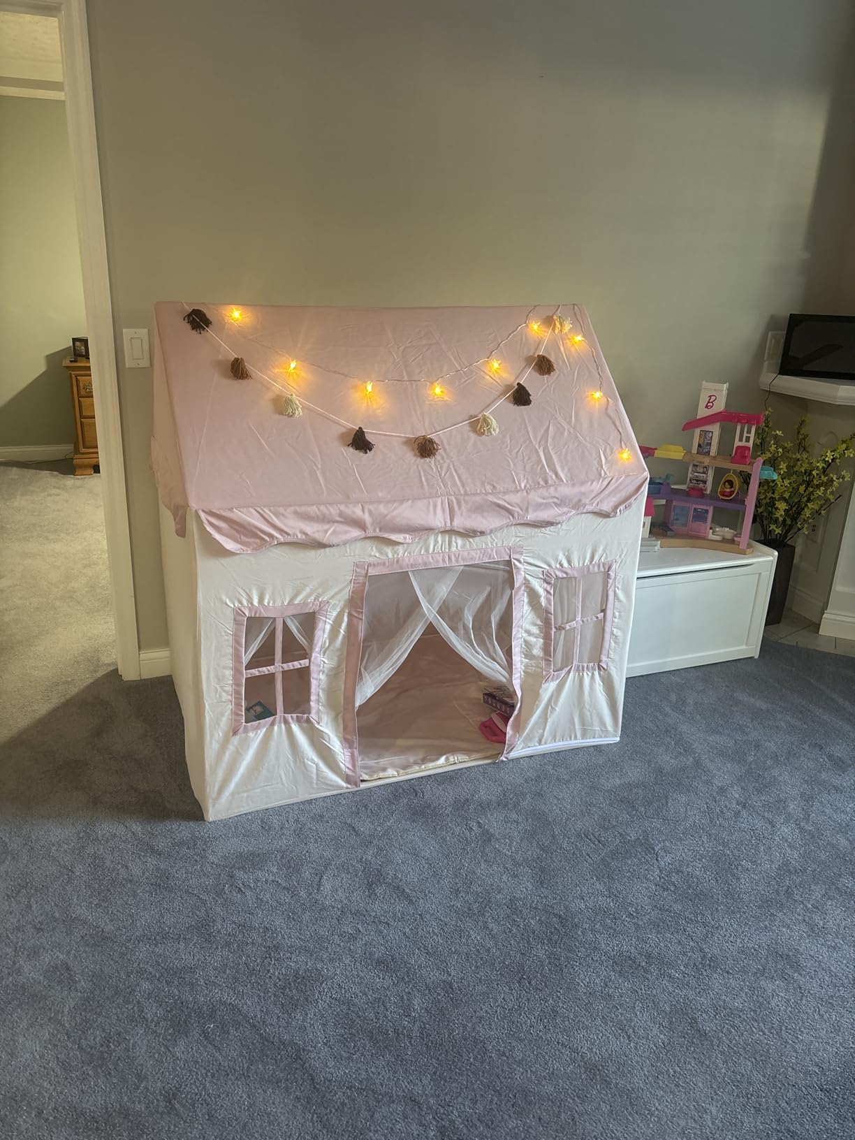 Little Dove Kids Play Tent with Mat, Kids Playhouse with 2 Windows, Star Lights & Tassel Garland, Indoor Outdoor Reading Nook, Machine Washable Cover, Gifts for Girls & Boys, 42