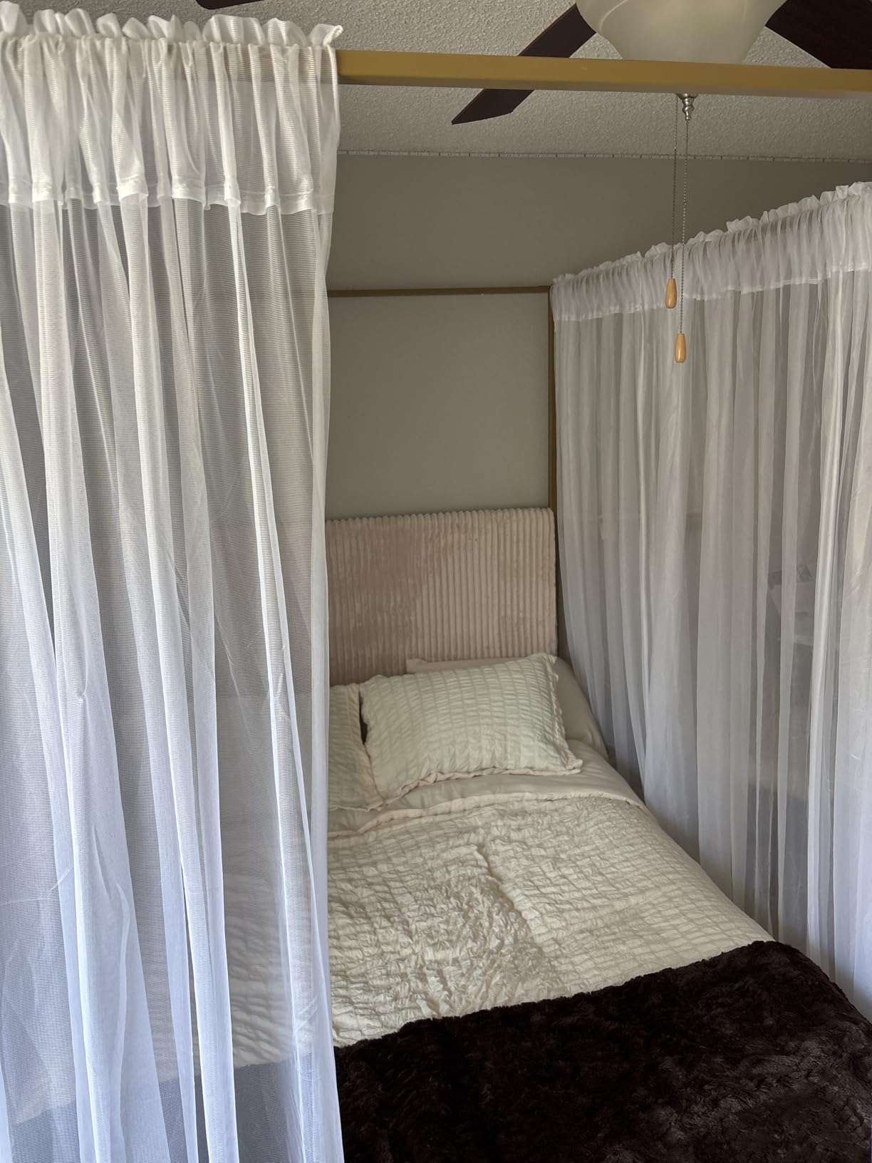 LUMISOL King Size Canopy Bed with Tall Headboard, Upholstered Canopy Platform Bed with Metal Posters, Metal 4 Poster Bed Frame with Wood Slats Support, No Box Spring Needed, Beige + Gold customer photo 1