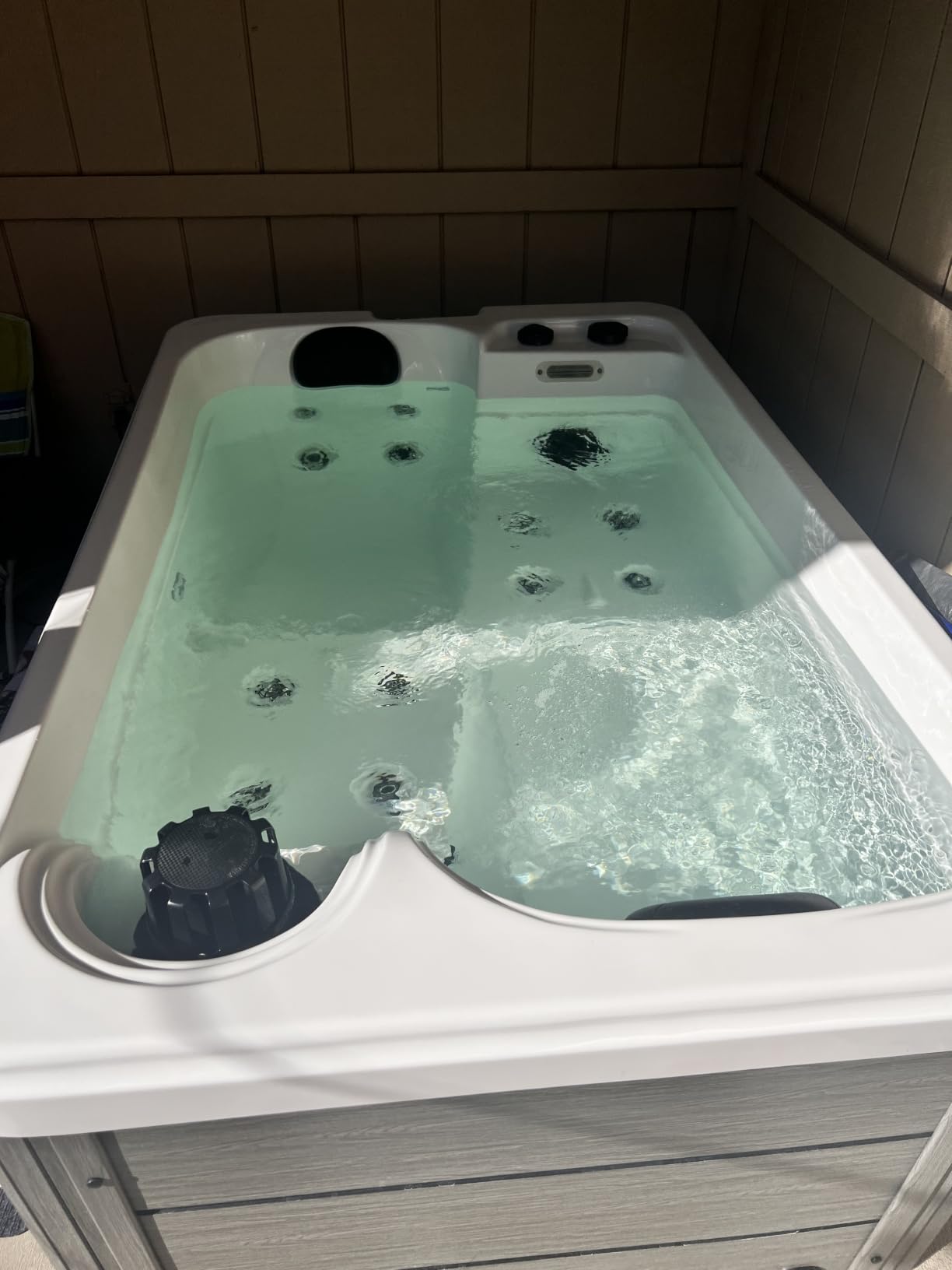 Jocisland 2 Person Outdoor Hot Tub with 15 Stainless Steel Jets, Acrylic | 110V Plug & Play Hot Tub with LED Lights & Waterfall, Double Lounger Seat Spa with Cover, 2 Filters & 2HP Pump, Charcoal Gray customer photo 1