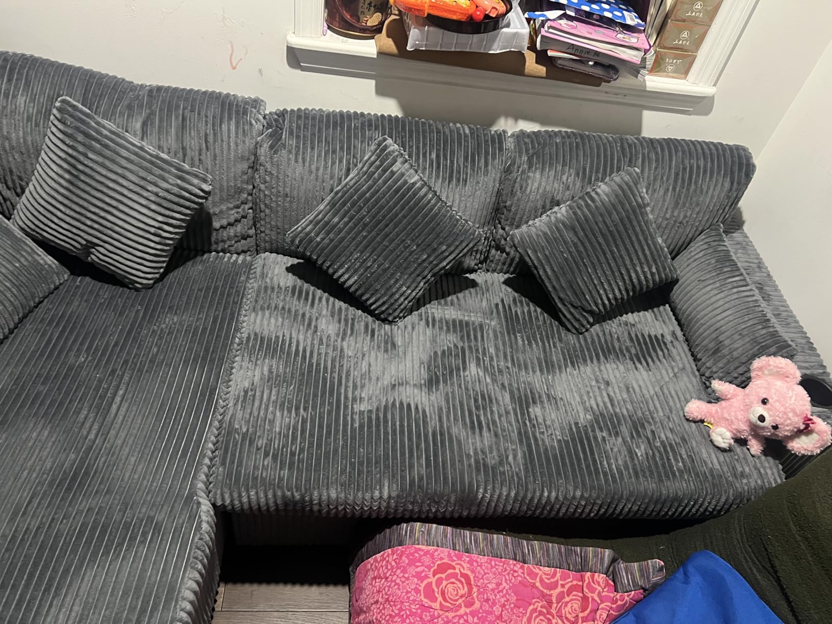 3 in 1 Pull Out Couch, Corduroy L Shaped Couch Sleeper Sofa Bed, Black | Reversible Storage Chaise, Charging Station, Cup Holder, Sleeper Sofa, for Living Room Apartment customer photo 2
