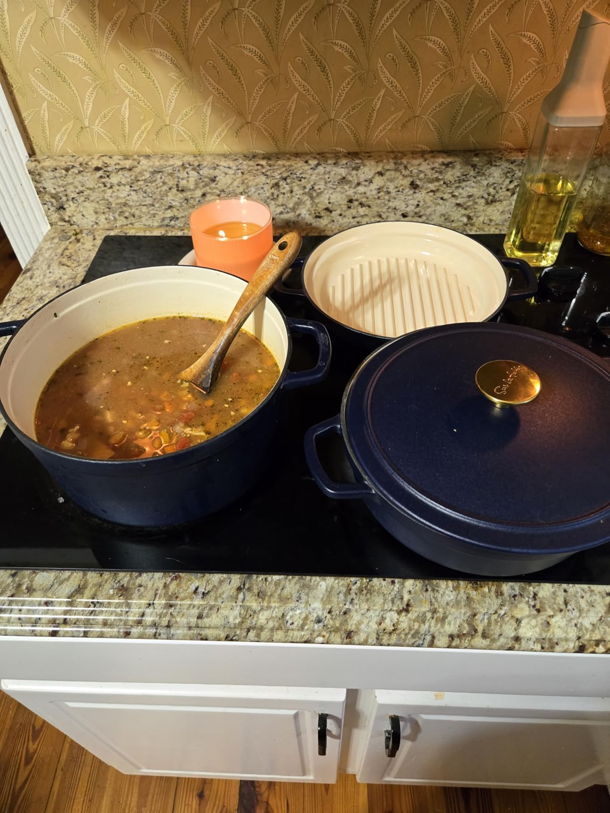 Sur La Table Kitchen Essentials 4-Piece Enameled Cast Iron Stackable Cookware Set, 5.3 Qt Dutch Oven with Lid, Braiser & Grill Pan, Navy Blue, Gold Knob Oven Safe to 500°F, Induction Compatible customer photo 1