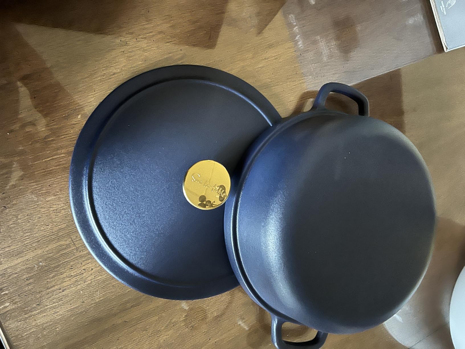 Sur La Table Kitchen Essentials 4-Piece Enameled Cast Iron Stackable Cookware Set, 5.3 Qt Dutch Oven with Lid, Braiser & Grill Pan, Navy Blue, Gold Knob Oven Safe to 500°F, Induction Compatible customer photo 2