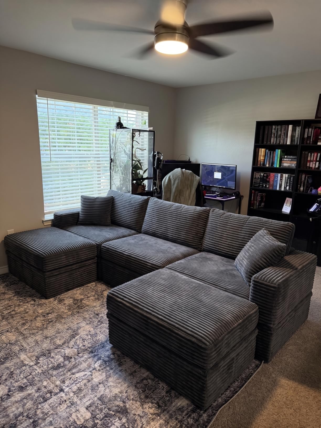 142'' Modular Sectional Sofa, Deep Seat Boneless Couch with Storage | Oversized High-Back for Living Room & RV | With Ottoman | High Density Foam & Corduroy | Tool-Free Assembly | Olive Green customer photo 2