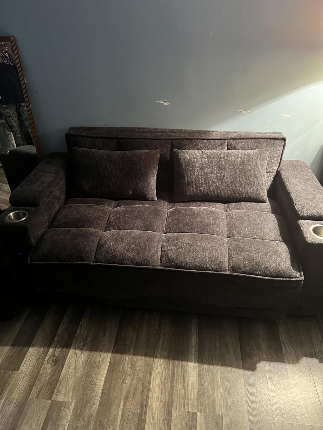 Dreamzie 65'' Convertible Sleeper Sofa Bed with Swivel Side Table, Chenille Pull Out Couch for Living Room, Loveseat Sleeper Couch with Hidden Storage Space | Charging Port | Cup Holders, Grey customer photo 1