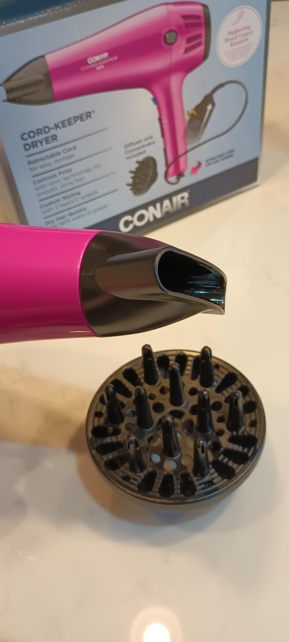 Conair Hair Dryer with Diffuser and Concentrator, 1875W, Pink customer photo 2