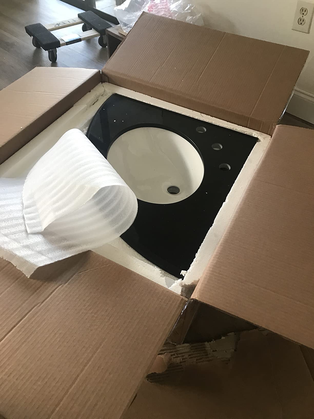 Tennant Brand 24-Inch Triadsville Free Standing Corner Bathroom Sink Vanity for Small Space, Fully Assembled, White Porcelain with Black Granite Top, White Cabinet customer photo 1