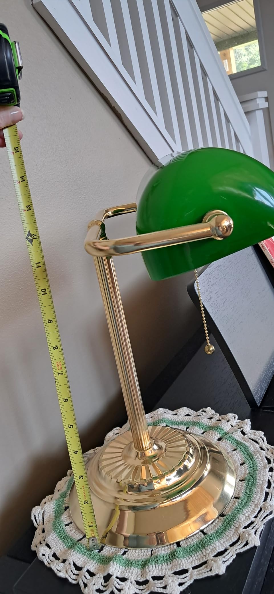 Catalina Lighting 13.5'' Traditional Banker's Lamp Light Fixture with Green Glass Cylinder Shade for Office, Library, Living Room, or Dorm, Polished Brass customer photo 2