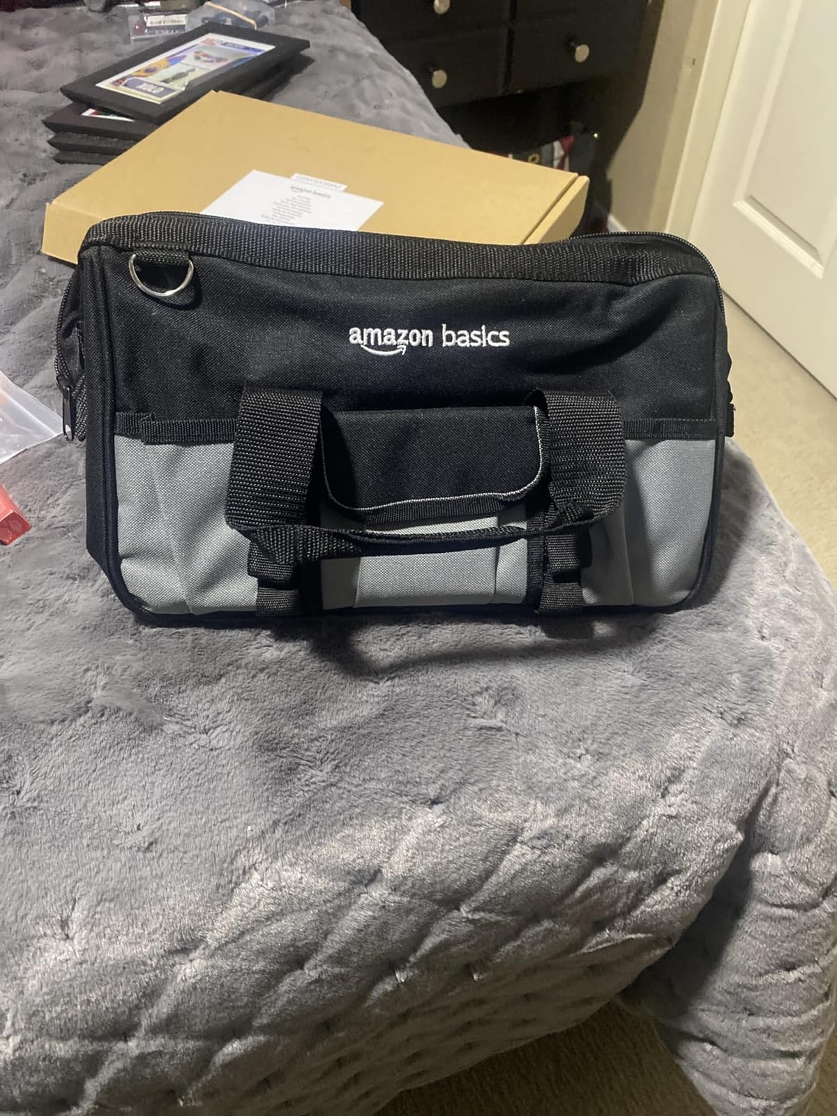 Amazon Basics Durable Wear-Resistant Tool Storage Bag with Adjustable Shoulder Strap, Portable Tool Organizer, 16 Pockets, 12 in, Black & Gray customer photo 2