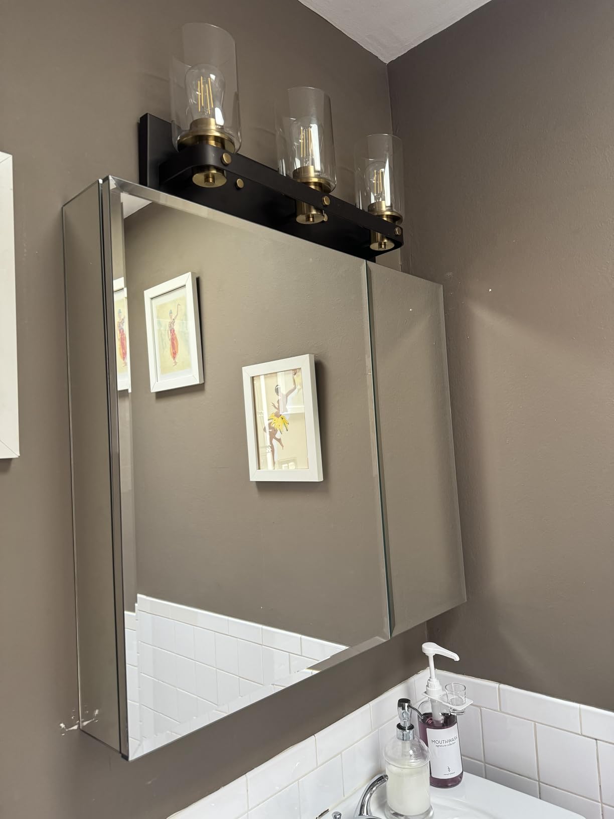 Double Doors Medicine Cabinet with Mirror, 30 inch X 26 inch Aluminum Bathroom Medicine Cabinet, Adjustable Glass Shelves, Waterproof and Rust-Resist, Recess or Surface Mount Installation,Silver customer photo 2