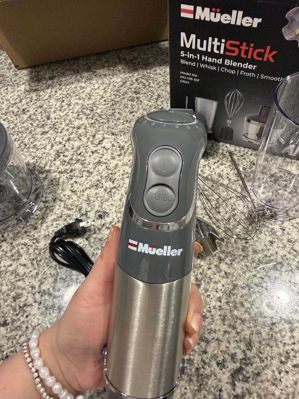 Mueller Multistick 5-in-1 Immersion Blender Handheld, 12-Speed Hand Mixer | Turbo Boost, Heaviest Duty Copper Motor, Titanium reinforced Blades Hand Blender, Milk Frother Wand, Whisk, Beaker, Chopper, Grey customer photo 2
