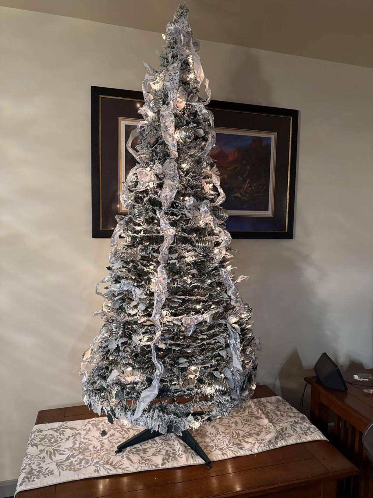 6ft Pop up Christmas Tree - Fully Decorated Pre-Lit Pull Up Tree Includes Storage Bag, Ornaments, Ribbon, Pinecones, Stand, and Warm UL Lights customer photo 1