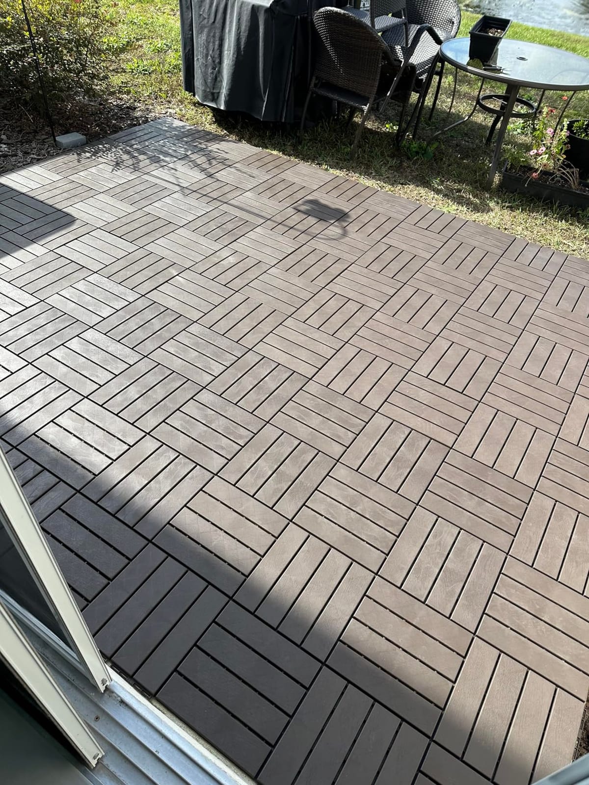 domi outdoor living Patio Deck Tiles, 12 x 12 inches Composite Interlocking Decking Tile, Four Slat Plastic Outdoor Flooring, 27 Pieces One Pack, Dark Brown customer photo 1