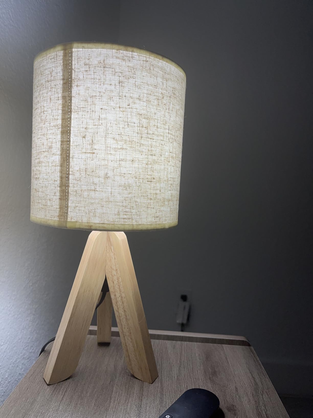 HAITRAL Wooden Tripod Table Lamp with Brown Base, Small Table Lamp, 13.4Inch | Bedsides Lamp with Linen Fabric Shade, Nightstand Lamp Cute Night Lamp for Bedroom, Kids Room, Nursery, Dorm customer photo 1