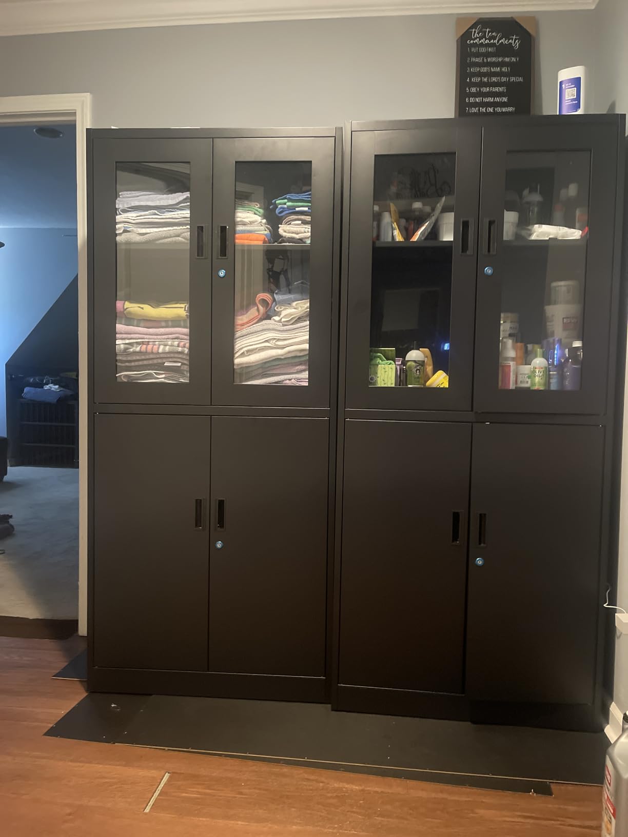 PEUKC Display Cabinet with Glass Doors, 71 Inches Metal Display Case with 4 Adjustable Shelves, Curio Storage Cabinet with Lock for Home, Office, Book, Pantry, Assemble Required (Black) customer photo 2