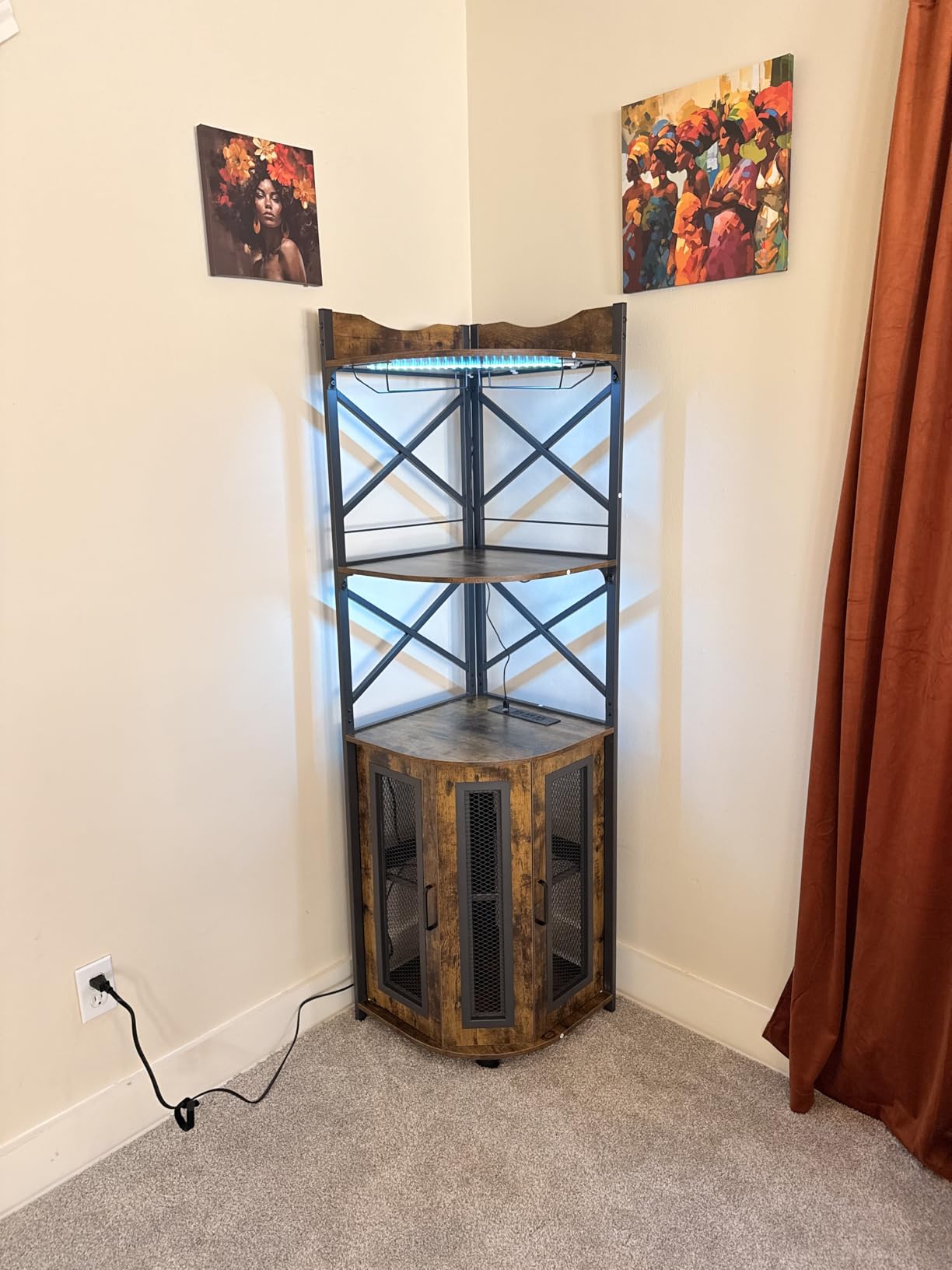 Aheaplus Corner Bar Cabinet with Power Outlet, Industrial Liquor Cabinet | 5-Tiers Wine Cabinet Mini Bar with LED Strip and Glass Holder for Home, Corner Display Cabinet for Small Space, Rustic Brown customer photo 1