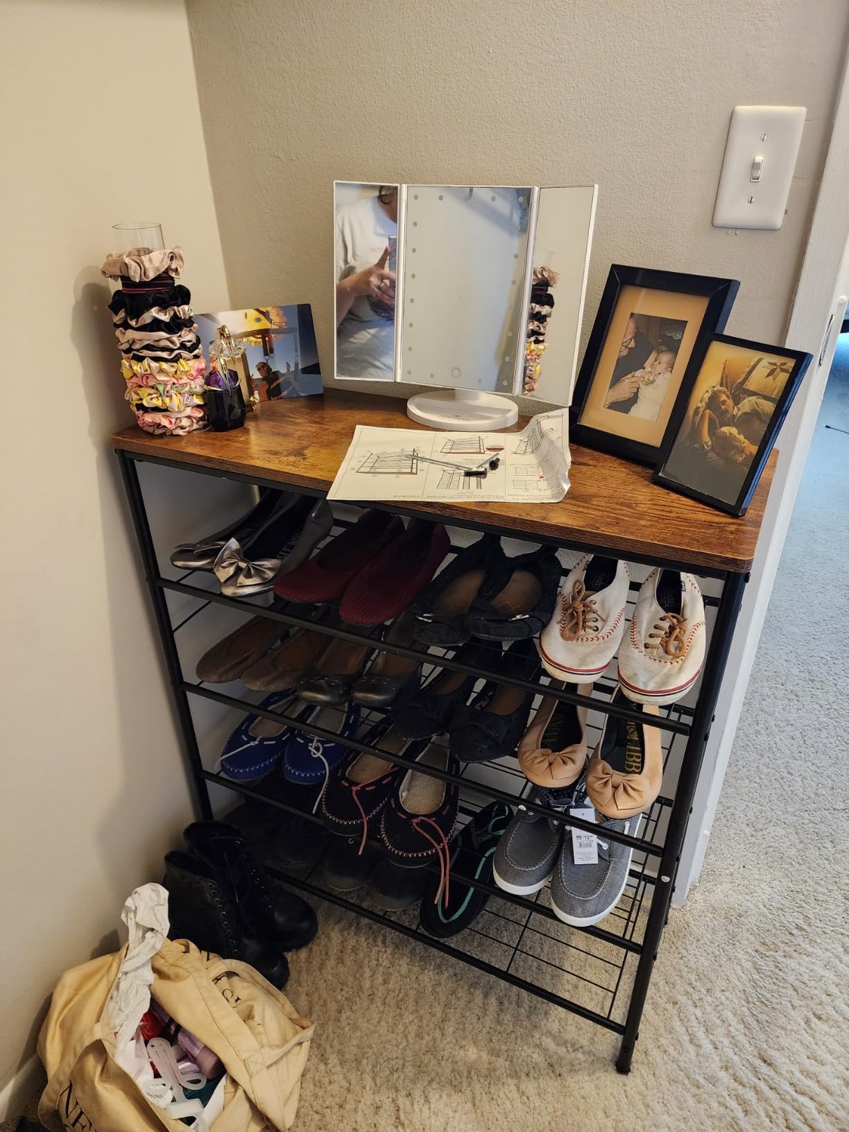 EXOTICA Industrial Shoe Storage Bench with 4 Drawers & Seat, Rustic Brown | 3-Tier Entryway Shoe Rack Bench; 4 Fabric Drawers; Wooden Top; Hallway Storage; Rustic Brown Finish customer photo 1