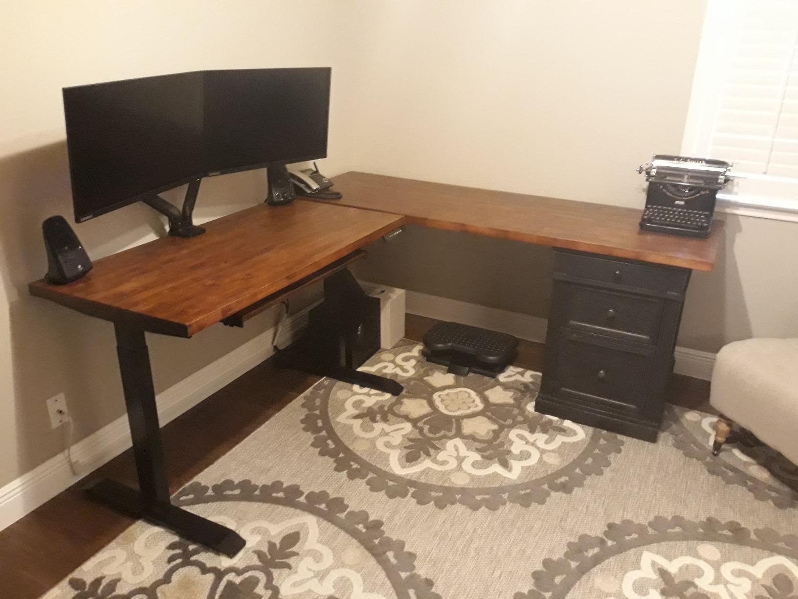FEZIBO L Shaped Standing Desk with Arc LED & Power Outlet, Exclusive Uprated 3 Motors Support 330LBS, Electric Height Adjustable L Shaped Desk with Large Monitor Stand, for Home Office, Rustic Brown customer photo 2