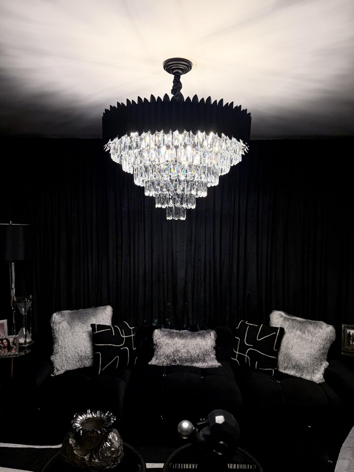 A AXILIXI Large Crystal Chandeliers Modern 30”Black Ceiling Chandelier Light Fixture for High Ceiling 6 Tiers Round Pendant Chandeliers for Foyer Living Room Staircase Dining customer photo 2