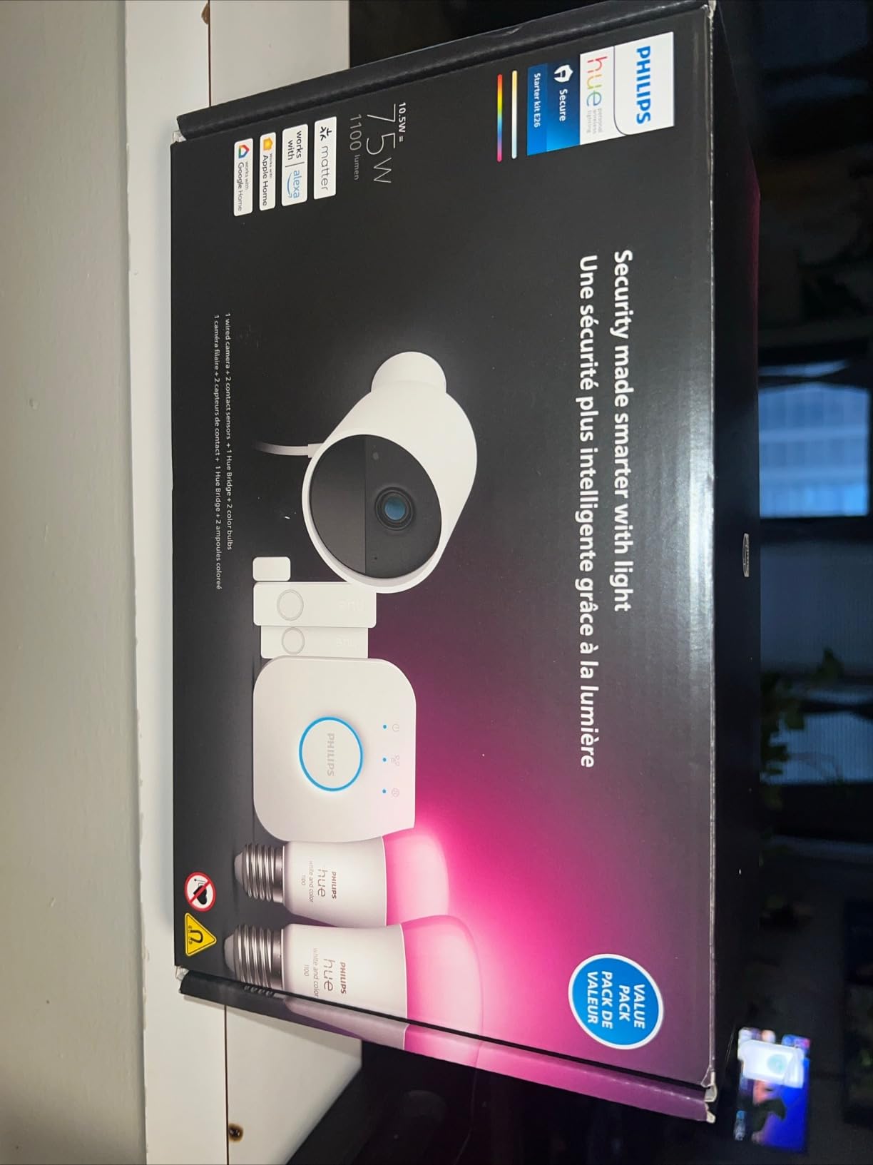 Philips Hue Secure Starter Kit with Bridge, Wired Security Camera, (2) Secure Contact Sensor, (2) 75W A19 Bulb, White & Color Ambiance, Works with Security Center in Hue App customer photo 1