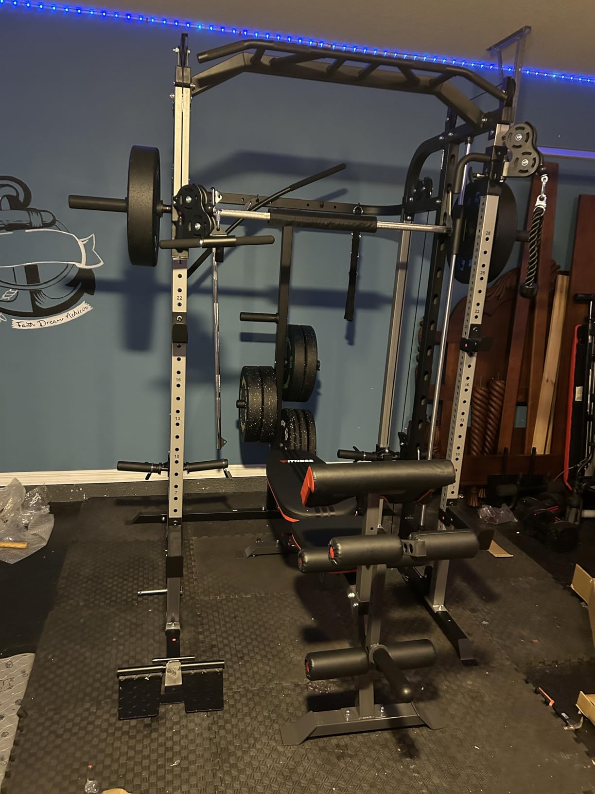 Smith Machine, Multifunctional Power Cage Rack with Smith Bar and Cable Pulley System, and LAT Pull Down Machine for Home Gym… customer photo 1