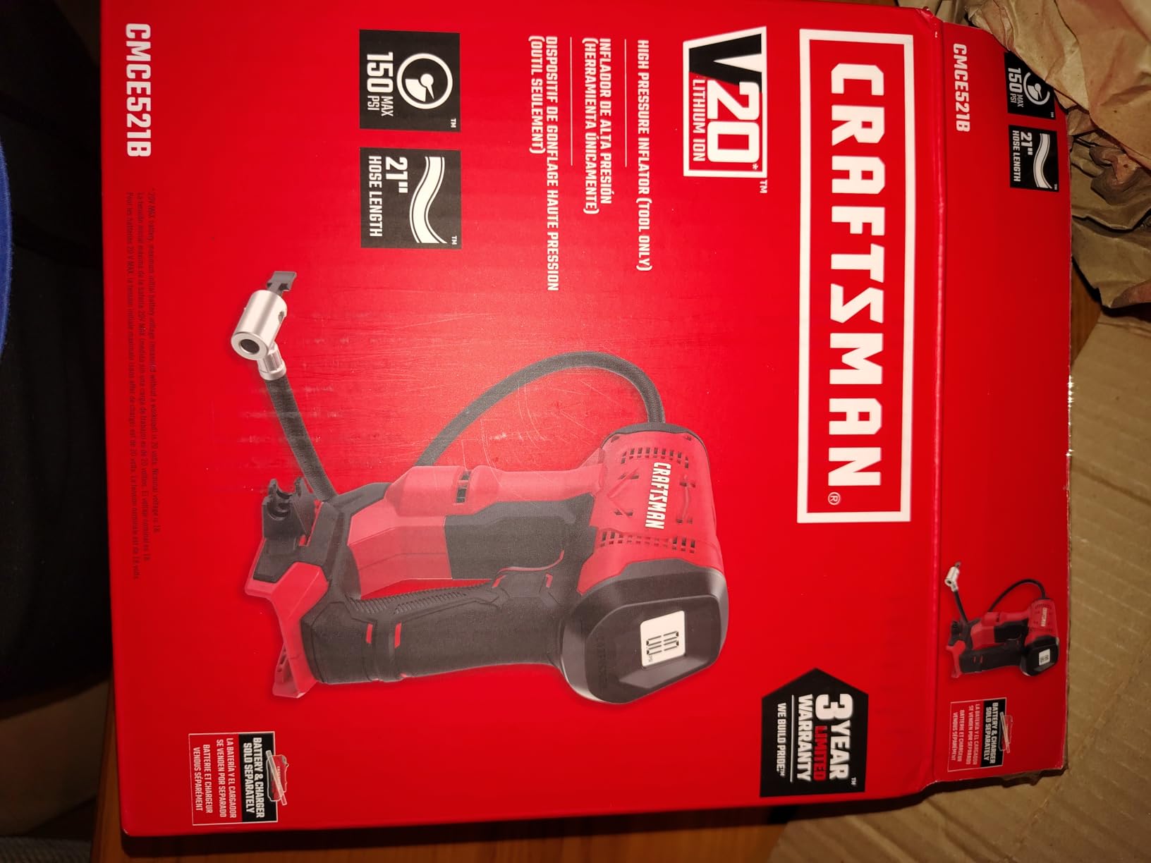 CRAFTSMAN V20 Air Compressor Portable, Cordless Tire Inflator, Up To 150 PSI Tire Pump, with Digital Pressure Gauge, Tool Only (CMCE521B) customer photo 1