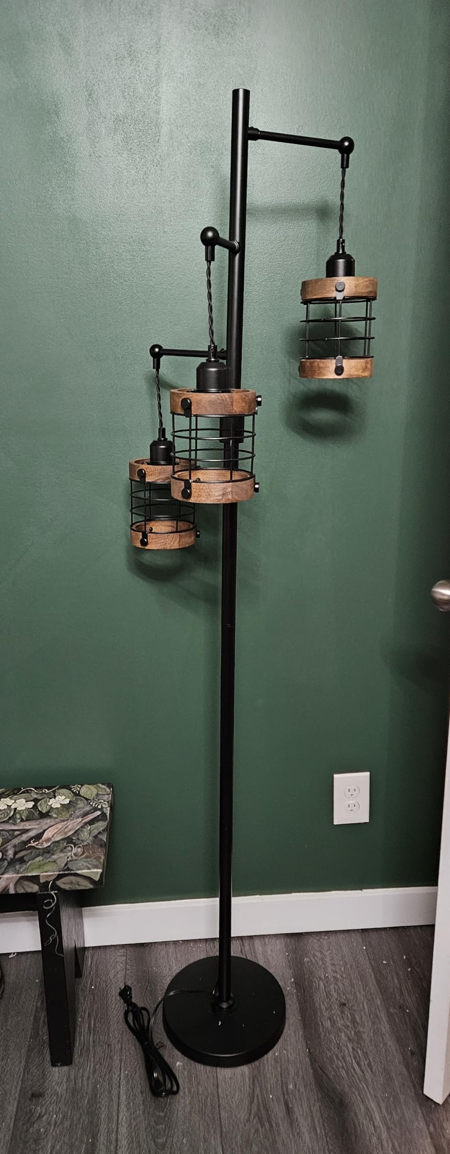 Dimmable Floor Lamps for Living Room, 3-Light Industrial Floor Lamp with Wood & Metal Cage, Farmhouse Standing Lamp Tall Tree Lamp for Bedroom Office, Rustic Black Tall Floor Lamp for Corner customer photo 2