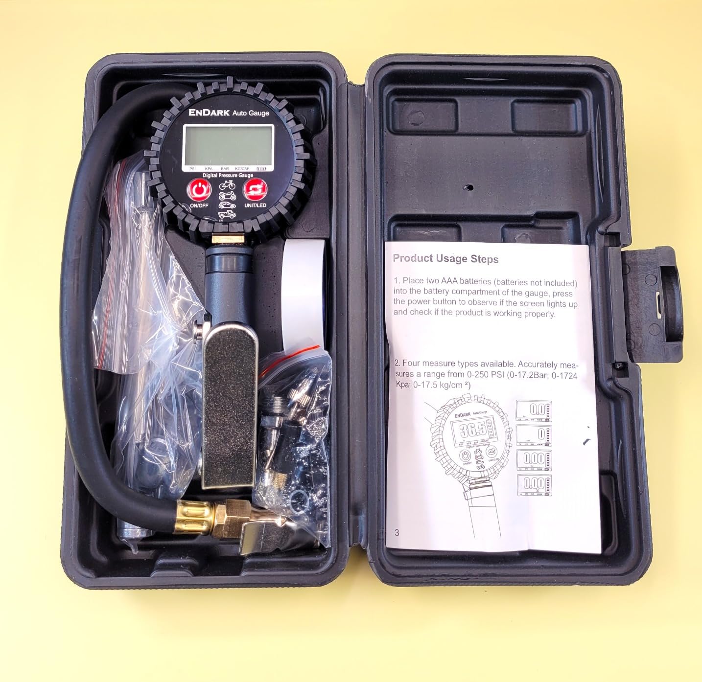 ENDARK Tire Inflator Pressure Gauge for Air Compressor - Digital Air Chuck | 3-250 PSI, 1% Accuracy, 0.1 PSI Resolution, 360 Rotating Chuck, Extended Hose, Dual-Head Chuck, Hard Carrying Case customer photo 2