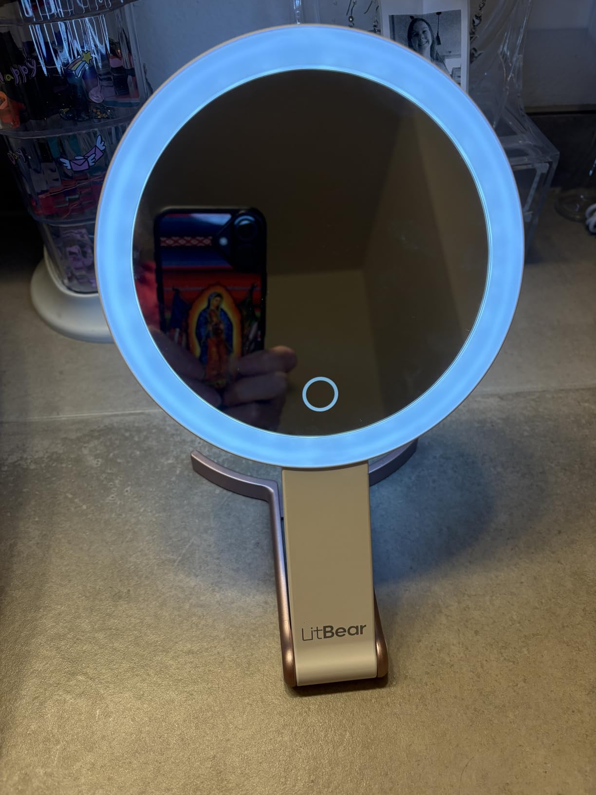 LitBear Travel Makeup Mirror with Lights, Rechargeable Double-Sided 10X/1X Magnifying Mirror, Portable Lighted Beauty Mirror, 3 Color Lighting, Dimmable Touch Screen, Tabletop Handhold Hanging (White) customer photo 1