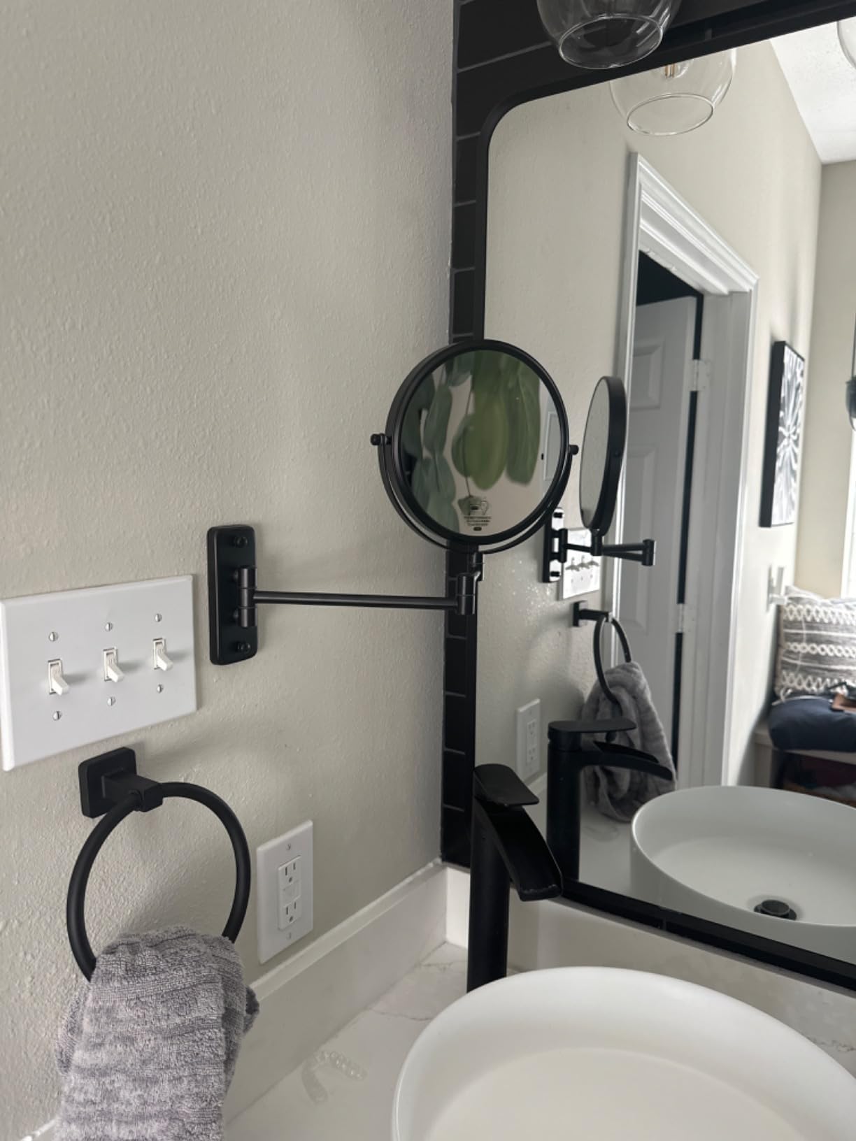 BTremary 8” Wall Mounted Magnifying Makeup Mirror 1X/7X Wall Mount Mirror Swing Arm Two-Sided 360° Swivel Bathroom Shaving Mirror for Men and Women in Hotel/Home, Black customer photo 2