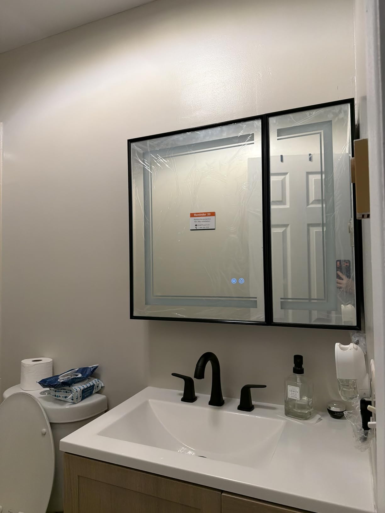 TokeShimi 16x24 Inch LED Medicine Cabinet Black Frame, Medicine Cabinet with Lights, 3-Color Lighted Medicine Cabinet Mirror for Bathroom, Anti-Fog, Tempered Glass, Outlets, Wall-Mounted/Recessed customer photo 1