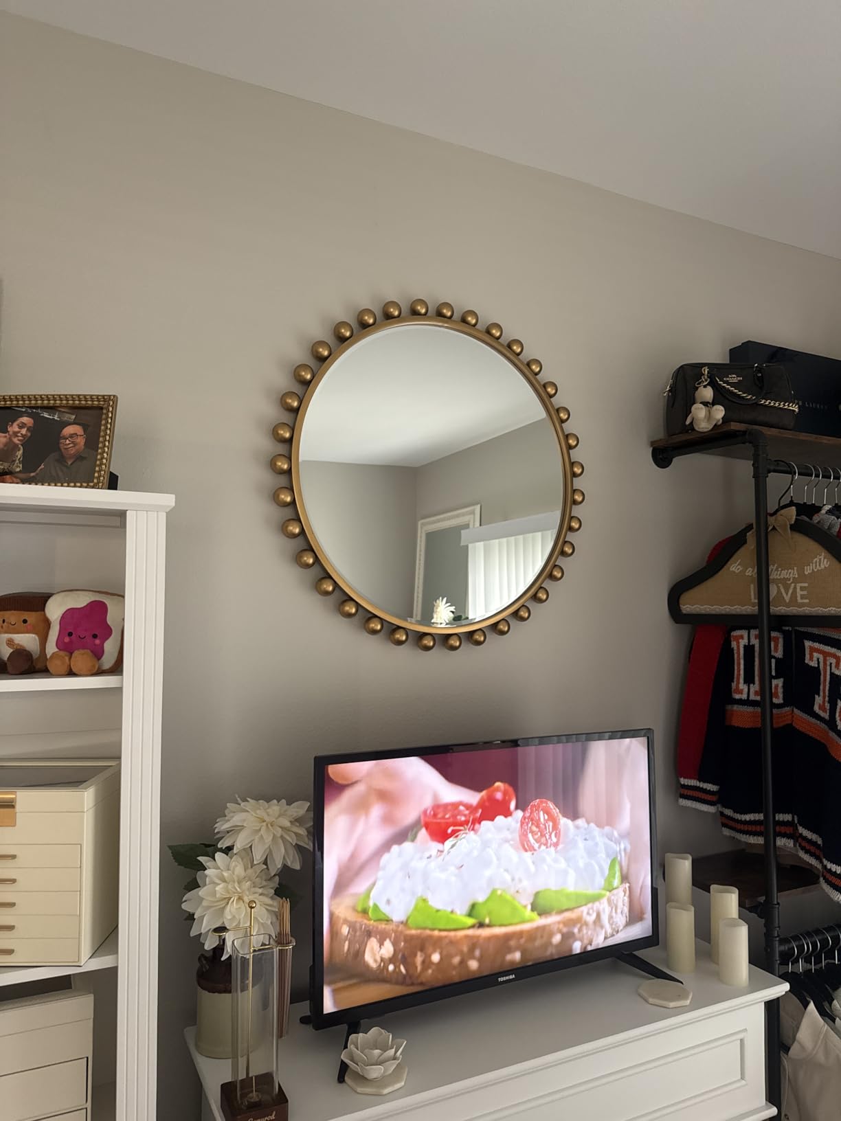 30 Inch Round Wall Mirror, Antique Gold Ball Frame, Beveled Glass | Beaded antique gold vintage wall-mounted accent mirror for bathroom vanity, living room, bedroom, entryway, or hallway decor customer photo 2