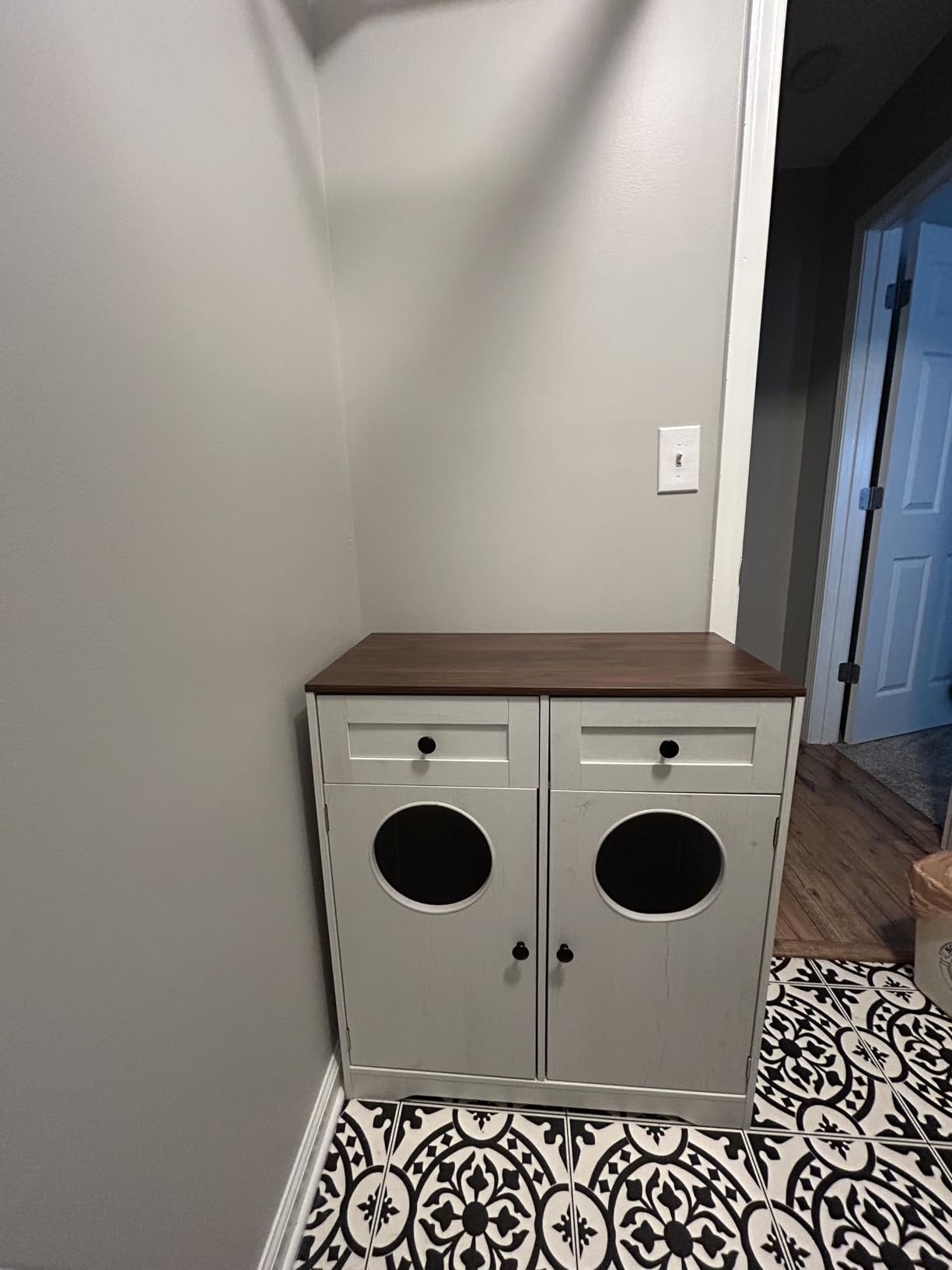 HOOBRO Double Laundry Hamper Cabinet, Hidden Laundry Cabinet with 2 Drawers & 2 Baskets, 20 Gallon Farmhouse Bathroom Laundry Hamper with 2 Clothes-Toss Holes, White and Dark Walnut WHZ36XY01 customer photo 1