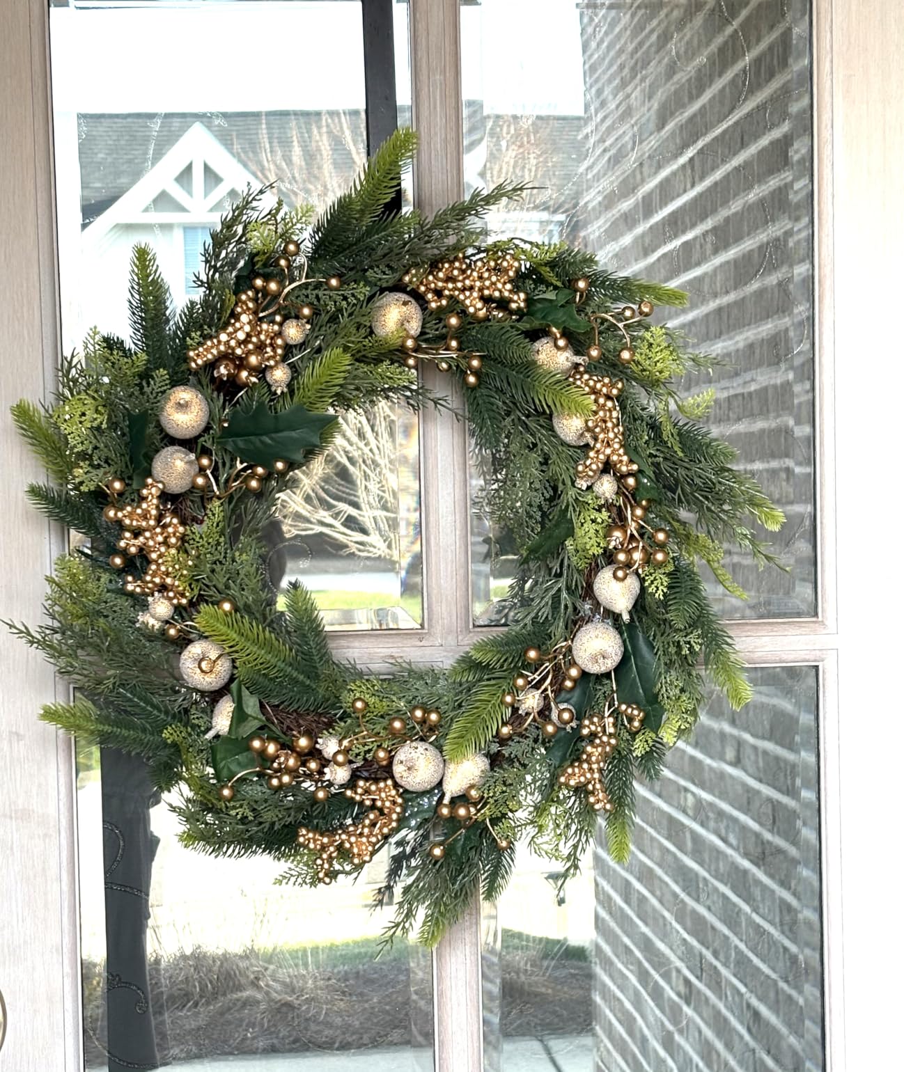 Artificial Christmas Wreath for Front Door - 24 Inch Winter Wreaths with Gold Berries & Frosted Apples Faux Greenery for Wall Window Porch Farmhouse Home Holiday Indoor Outdoor Decor customer photo 1