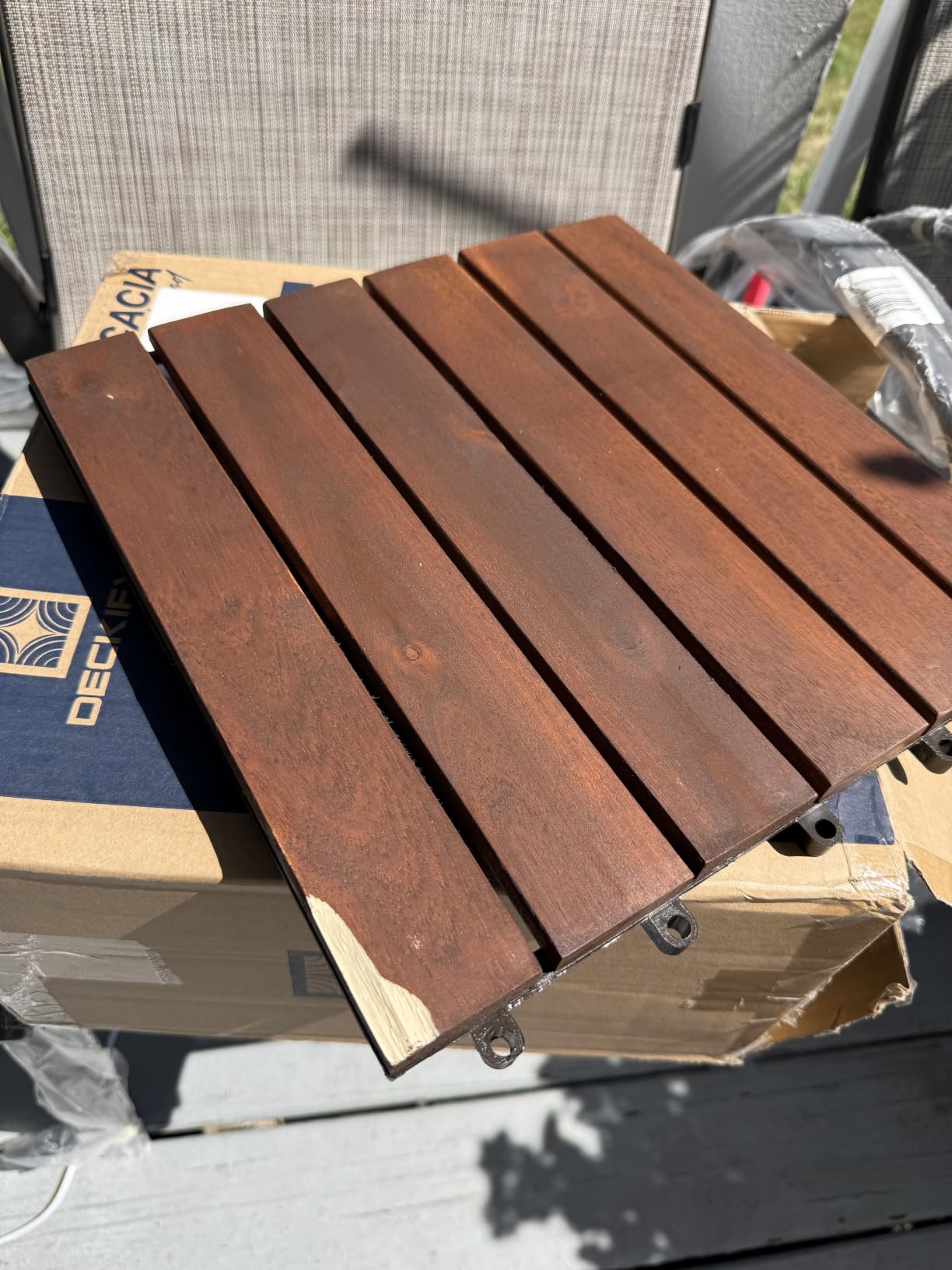9-Piece Acacia Wood Interlocking Deck Tiles, Golden Teak Crossed customer photo 2