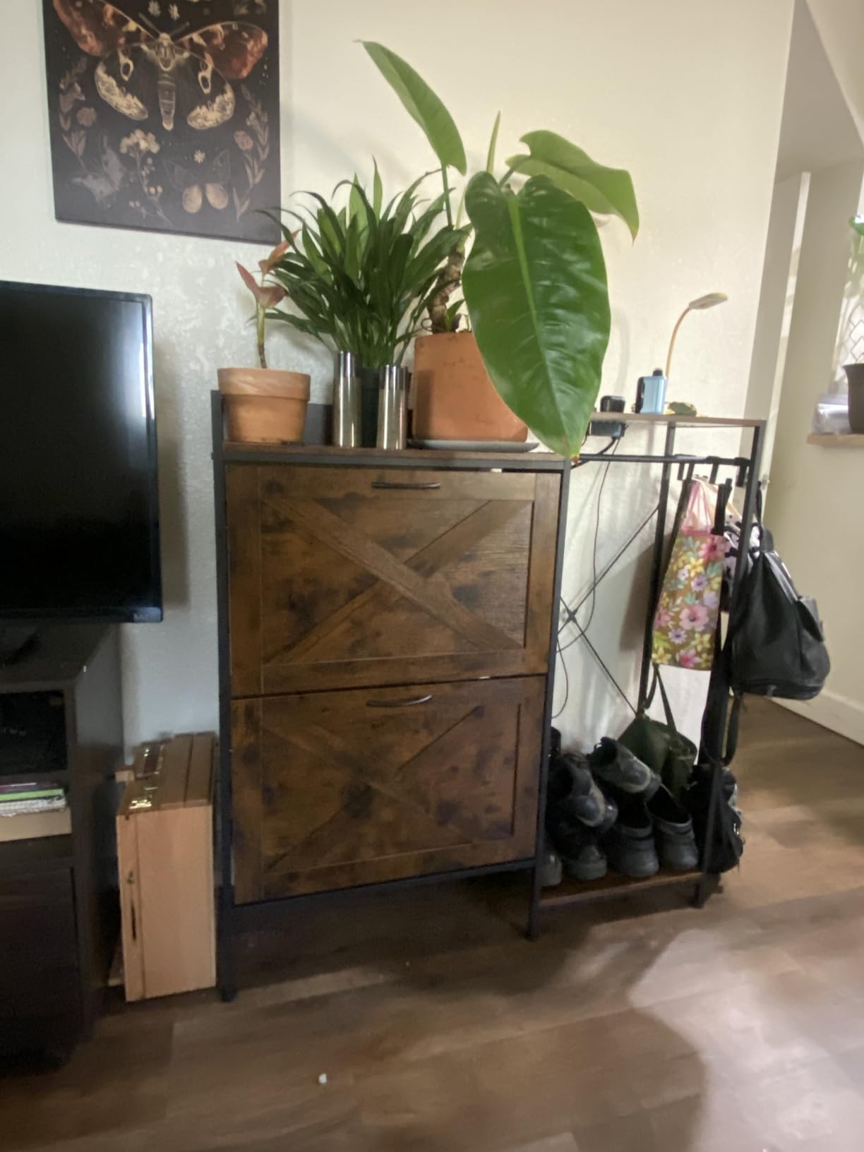 HIGDBFE Shoe Cabinet with 2 Flip Drawers and Coat Rack, 41.3