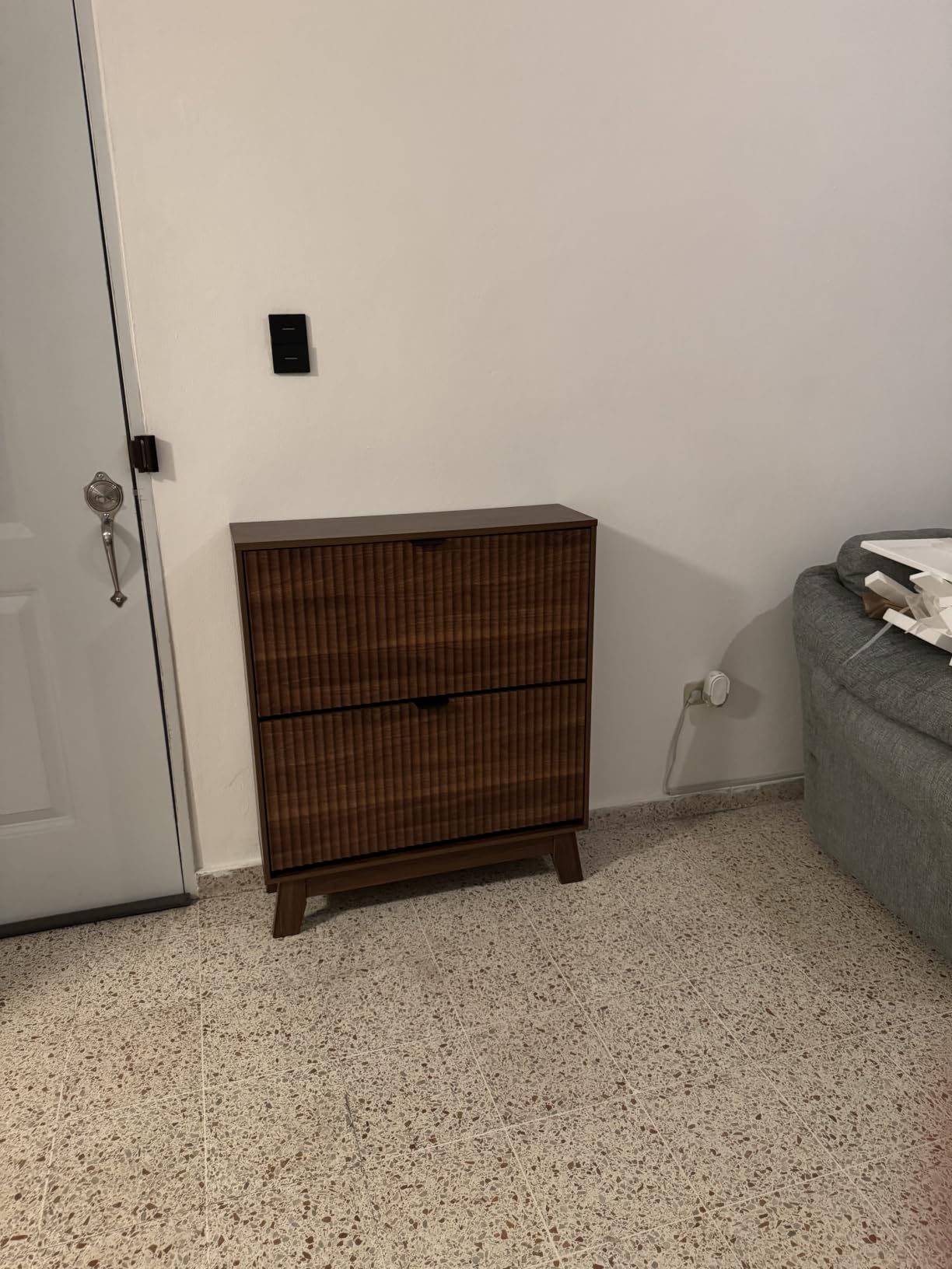 Shoe Cabinet Storage for Entryway with 2 Flip Drawers, Fluted Narrow Shoe Organizer with Wooden Legs, Freestanding Slim Shoe Storage Hidden Shoe Rack Organizer for Front Door Entrance, Walnut customer photo 2