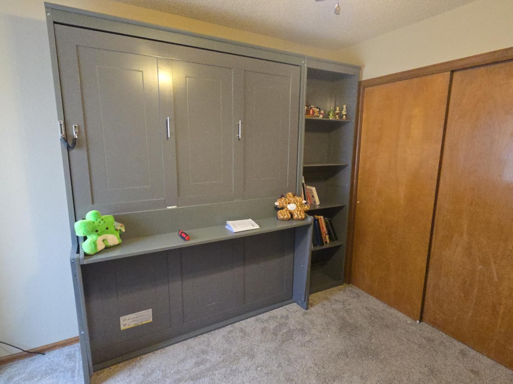 MERITLINE Queen Murphy Bed with Desk and Storage Cabinet & LED Lights, Solid Wood Folding Murphy Wall Bed Cabinet with Storage,Vanity Desk and Drawers,for Library,Guest Room,Office (Walnut,Queen) customer photo 1