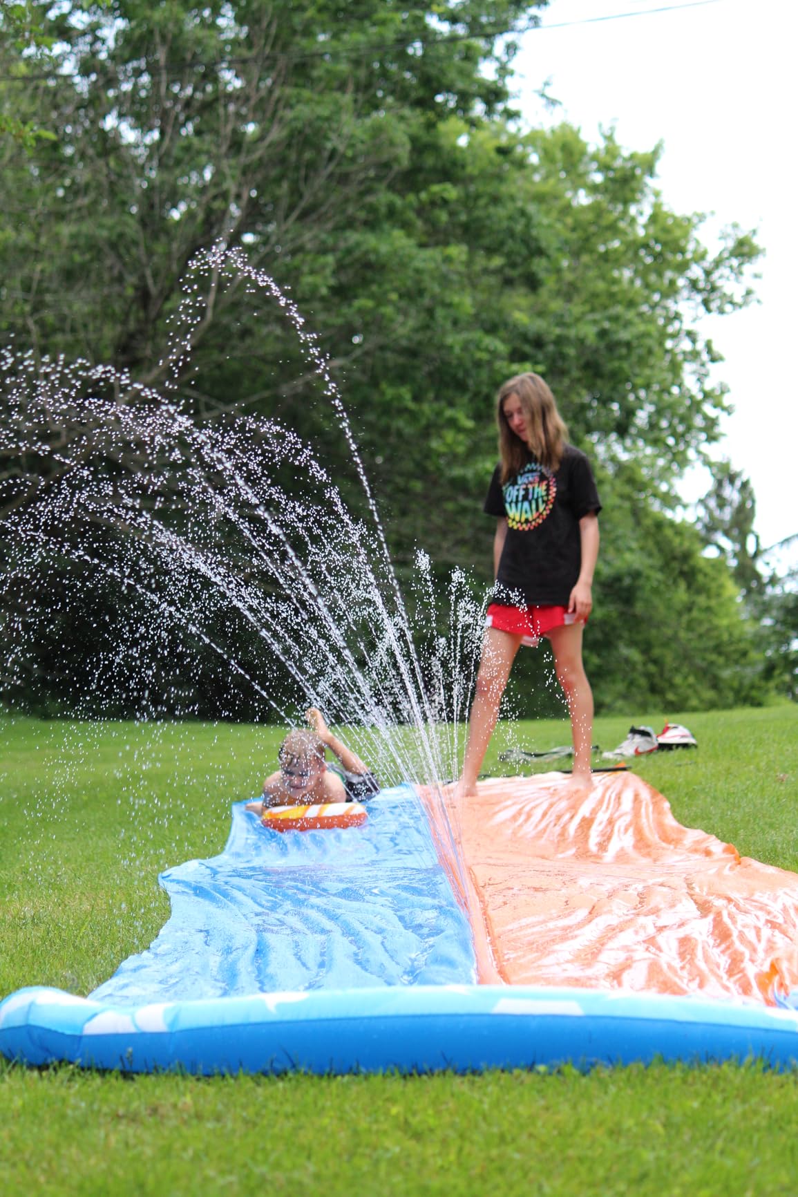 JOYIN 22.5ft Water Slides and 2 Bodyboards, Lawn Water Slide Summer Slip Waterslides Water Toy with Build in Sprinkler for Backyard Outdoor Water Fun for Kids customer photo 1