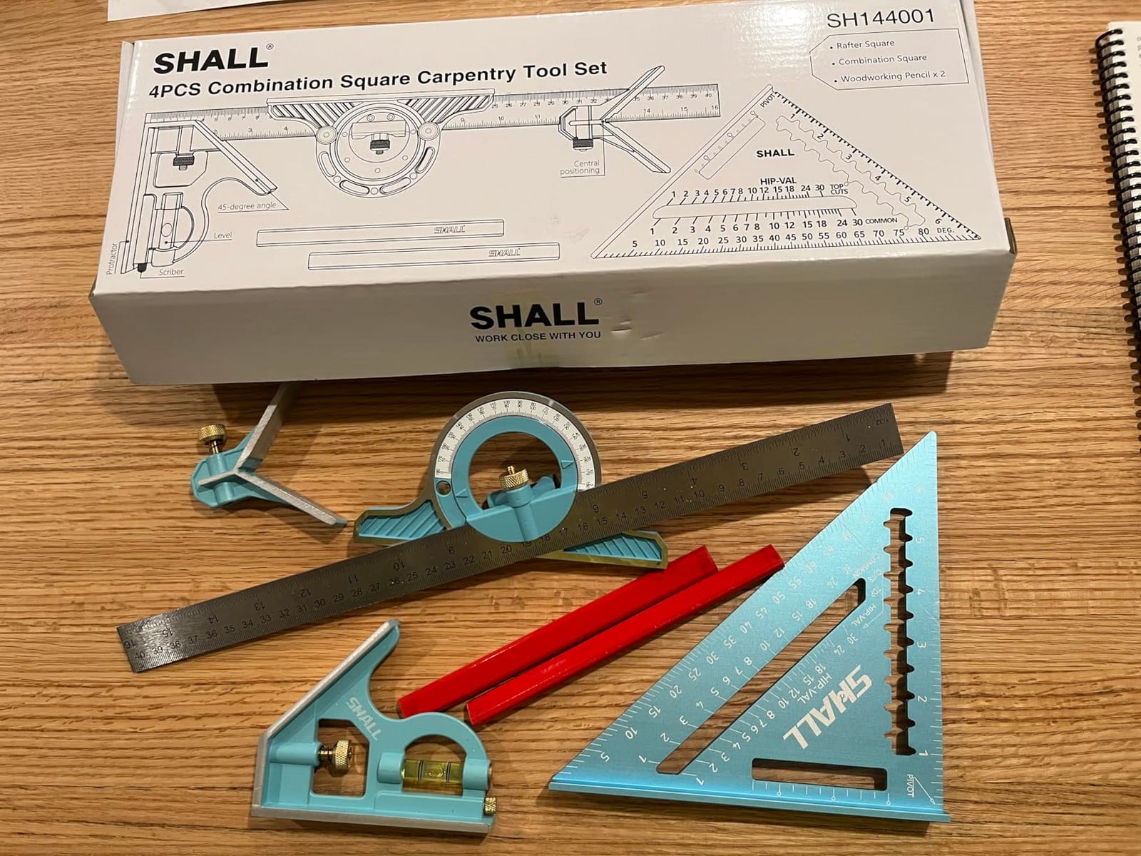SHALL Rafter Square & Combination Square Tool Set, 7 Inch Aluminium-Alloy Carpenter Square & 16 Inch Zinc-Alloy Woodworking Framing Combo w/Stainless Steel Ruler, 2 Carpentry Pencils, Scriber customer photo 1