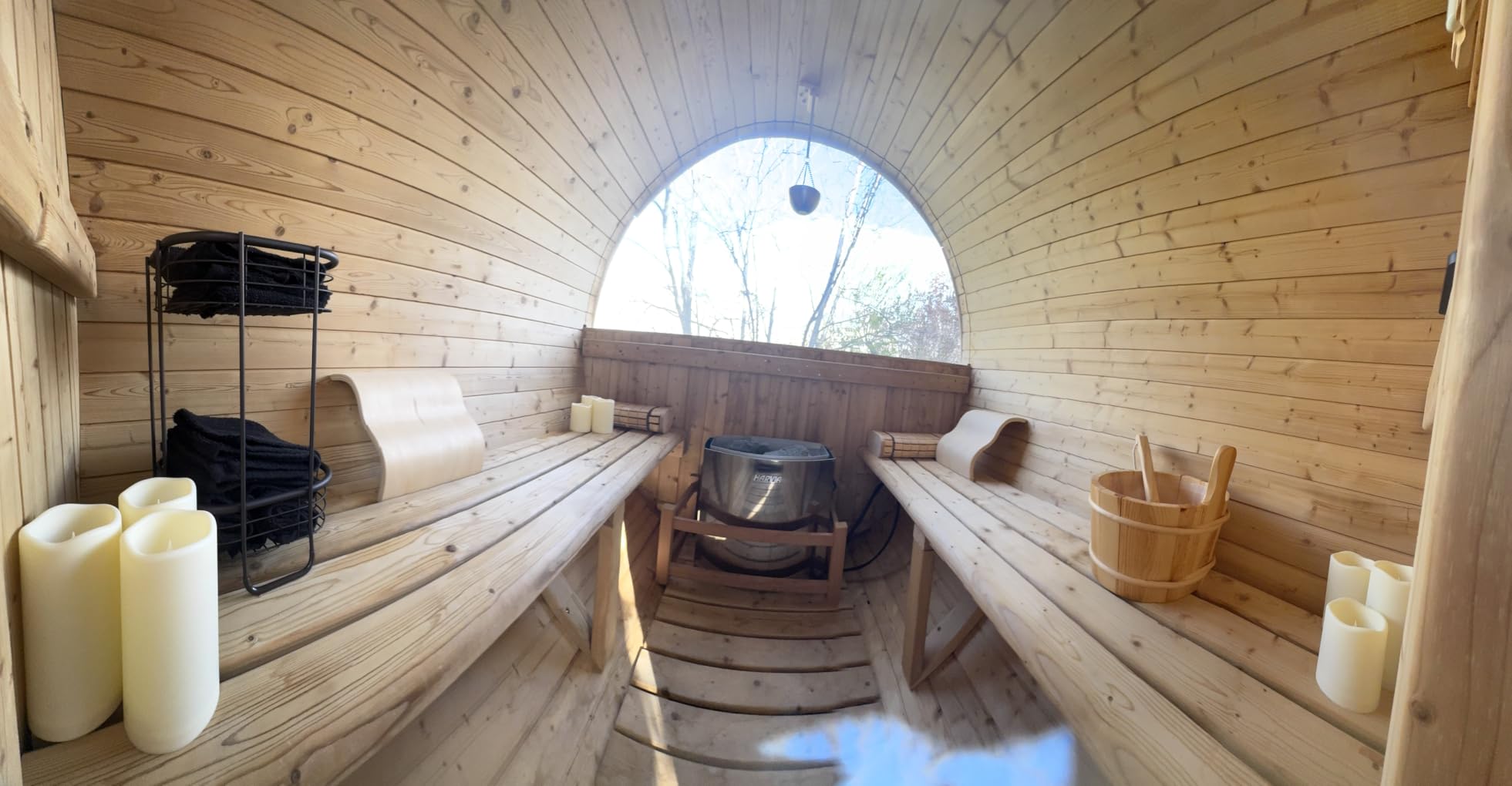WOODBRIDGE 4-Person Luxury Finland Thermo Pine Outdoor Barrel Sauna with Half View Window,Harvia Electric Heater with Sauna Stone, Sauna Accessories Kit and Asphalt Shingle Roof, 4'x6', OBS1818 customer photo 2