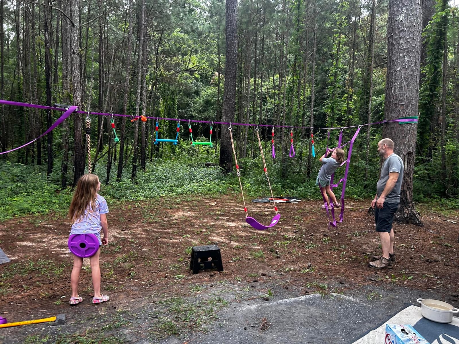 AOBOTE Ninja Warrior Obstacle Course for Kids,2x56ft Slackline with 12 Accessories,Saucer Swing with 360 Degree Rotating Wheel,Ninja Course for Kids Outside(AB010001-3) customer photo 1