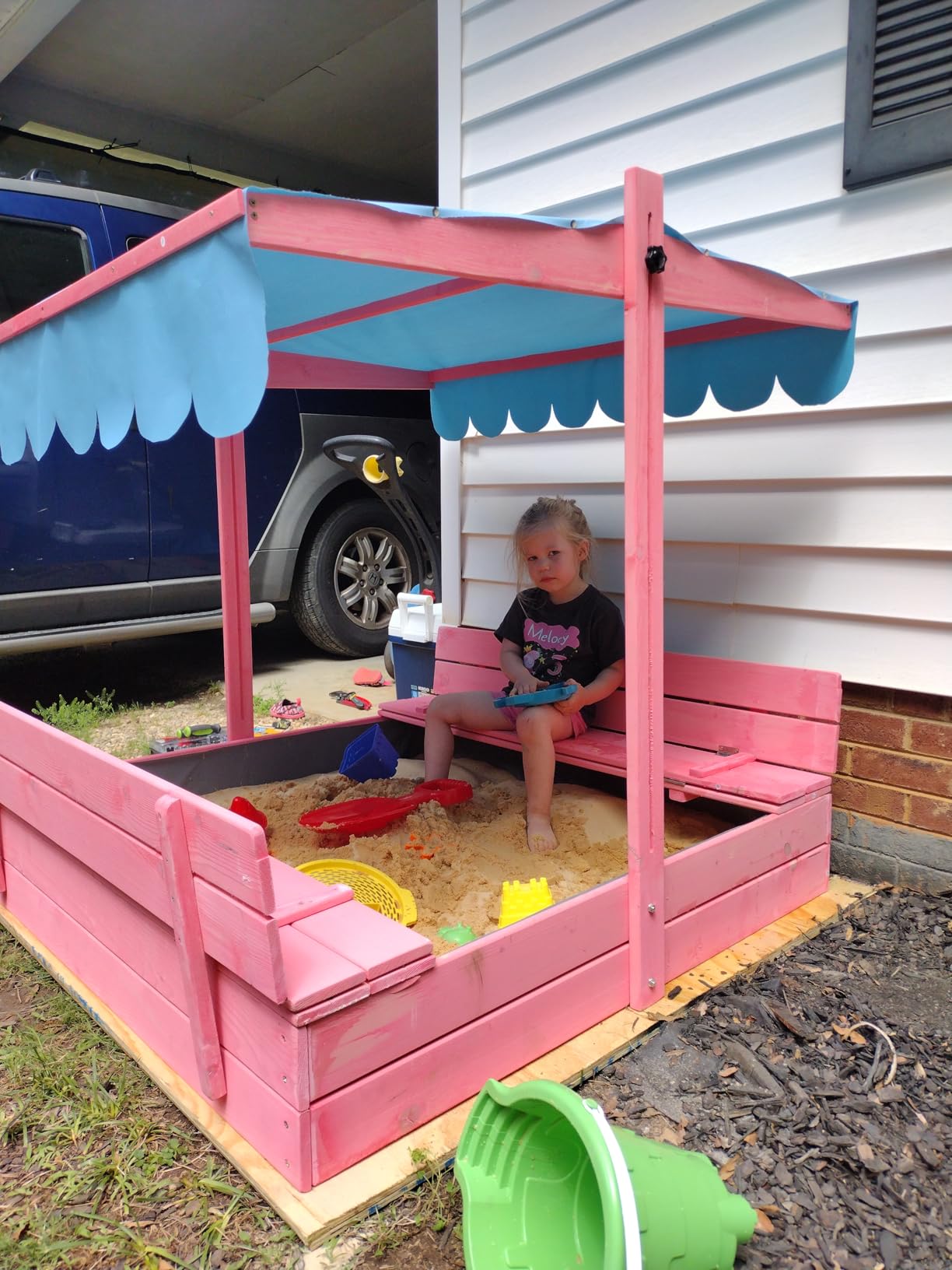 YOLENY Sandbox with Lid,Kids Sandbox with Cover Outdoor,Wooden Sand Box with 2 Foldable Bench Seats for Ages 2-8, Adjustable UV-Resistant Roof & Bottom Liner for Backyard,Beach customer photo 2