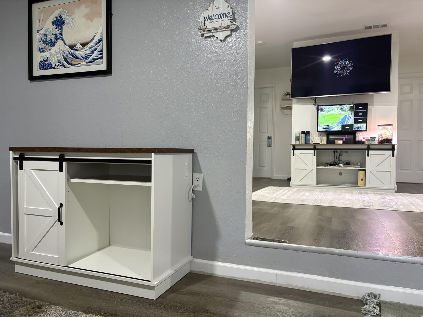 Hlivelood Farmhouse 55-75 Gallon Fish Tank Stand with Power Outlet, Aquarium Stand w/Cabinet&Sliding Barn Door, Heavy Duty Reptile Tank Stand for Fish/Turtle/Reptile Terrarium, 1000LB Capacity, Grey customer photo 1